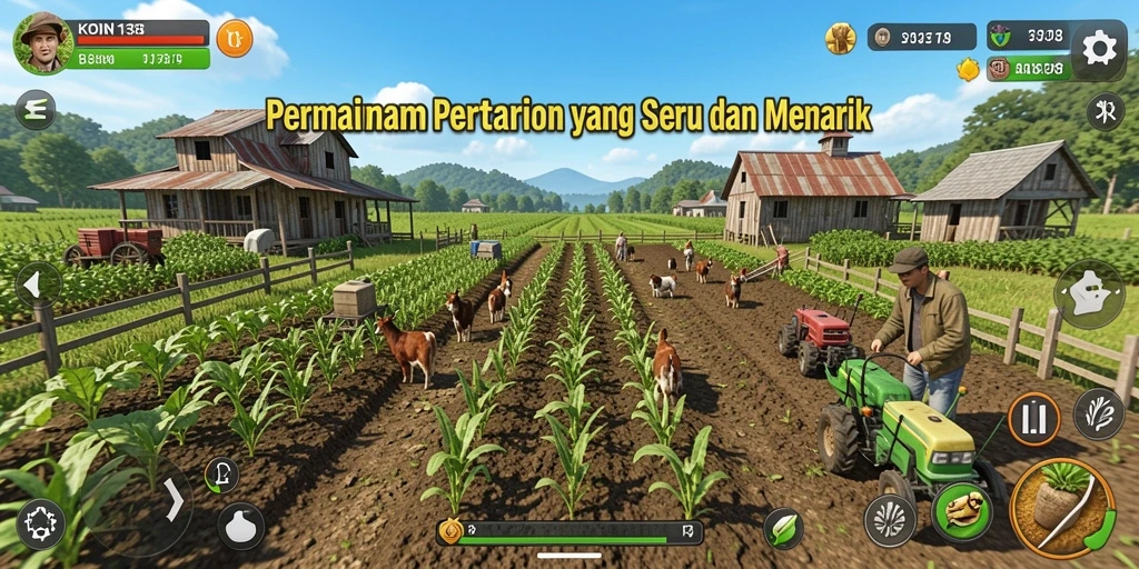 Screenshot gameplay KOIN138 menampilkan ladang yang subur dan aktivitas panen.
