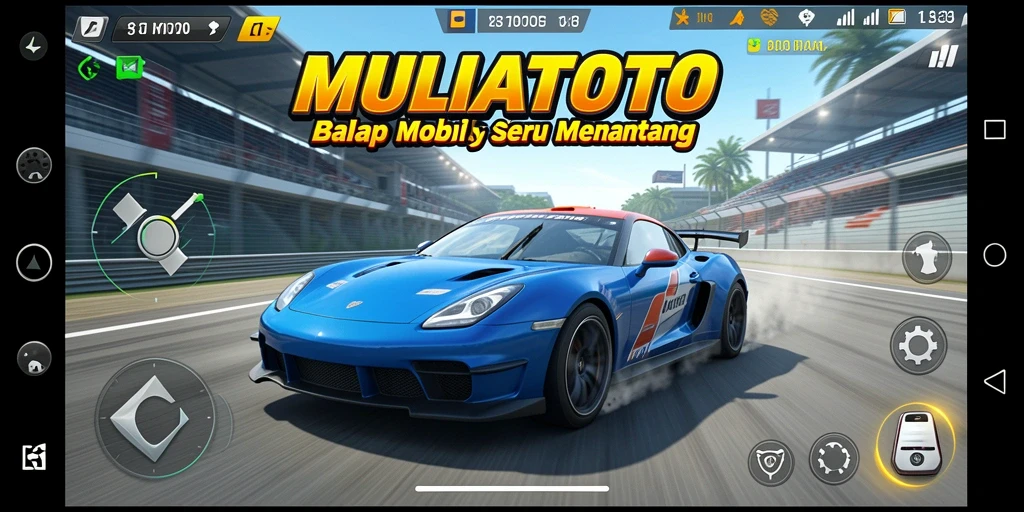 Screenshot gameplay seru dari MULIATOTO yang menampilkan aksi balapan.