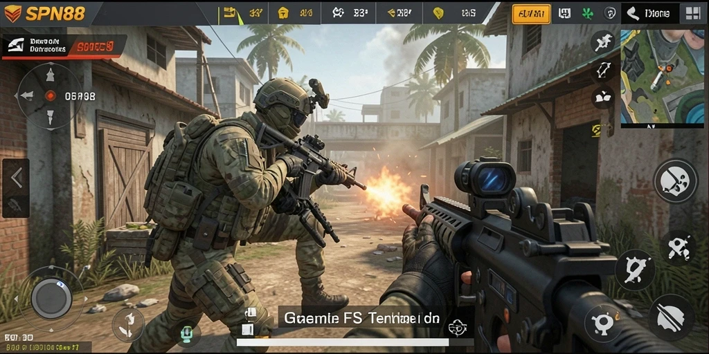 Screenshot SPN88 menampilkan aksi pertempuran intens di medan perang FPS.