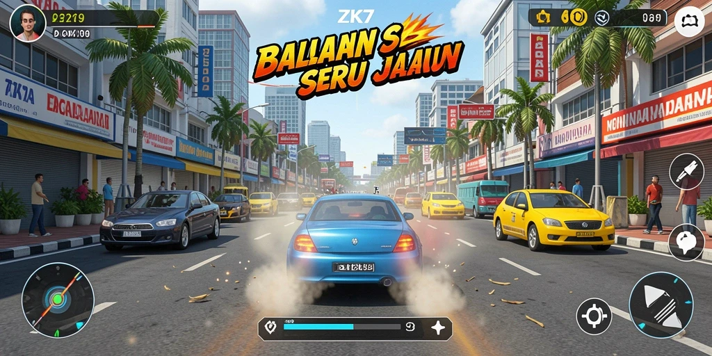 Gameplay balapan seru di ZK7 dengan berbagai mobil dan lintasan.